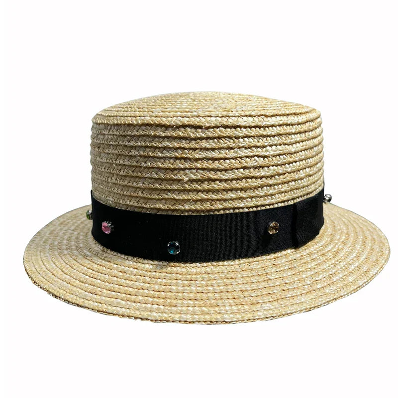 RH Natural Wheat Straw Boater Fedora Top Flat