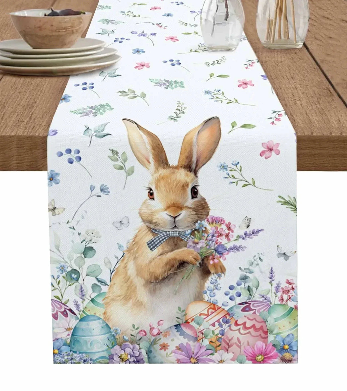 Easter Bunny Spring Flowers Linen Table Runner Washable