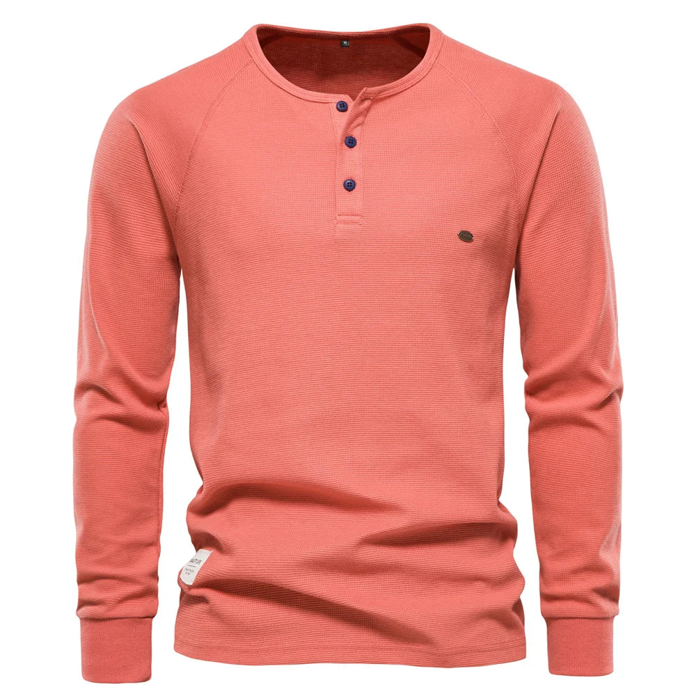 AIOPESON Waffle Henley T-Shirt Men Long Sleeve Basic