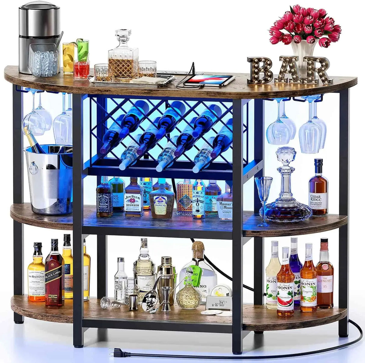 Bar Table Cabinet with Power Outlet, LED Home