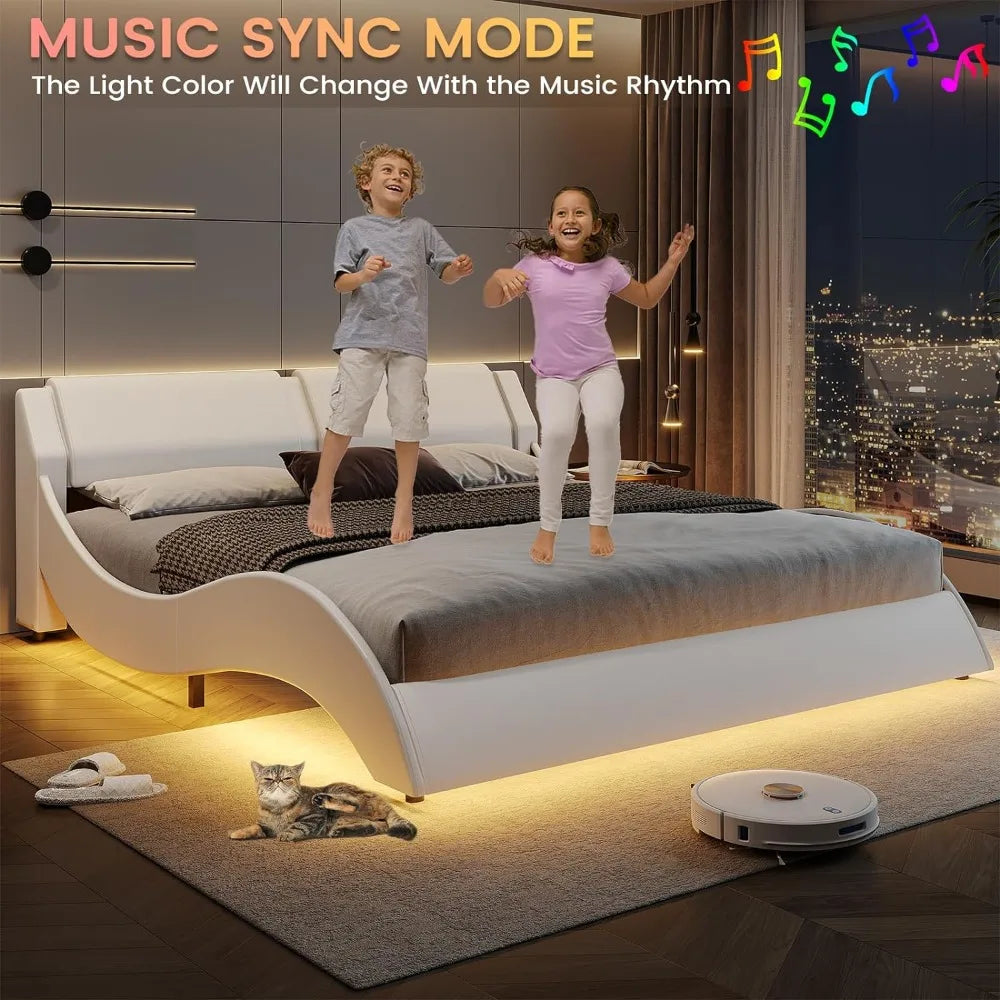 Bed Frame, Large with Headboard, Modern Upholstered Platform,