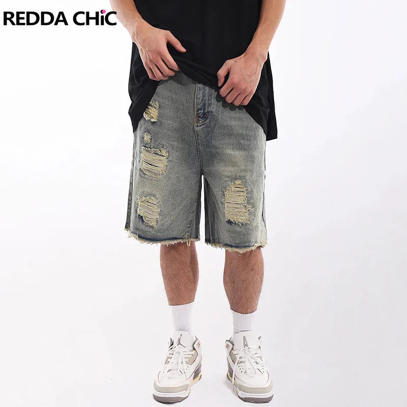 ReddaChic Vintage Wash Destroyed Denim Shorts Men Brushed