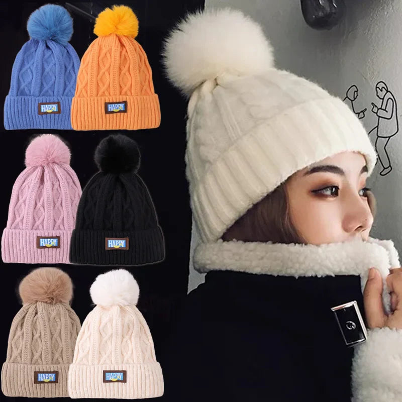 Winter Fur Pom Knitted Beanies Hat Female Plush