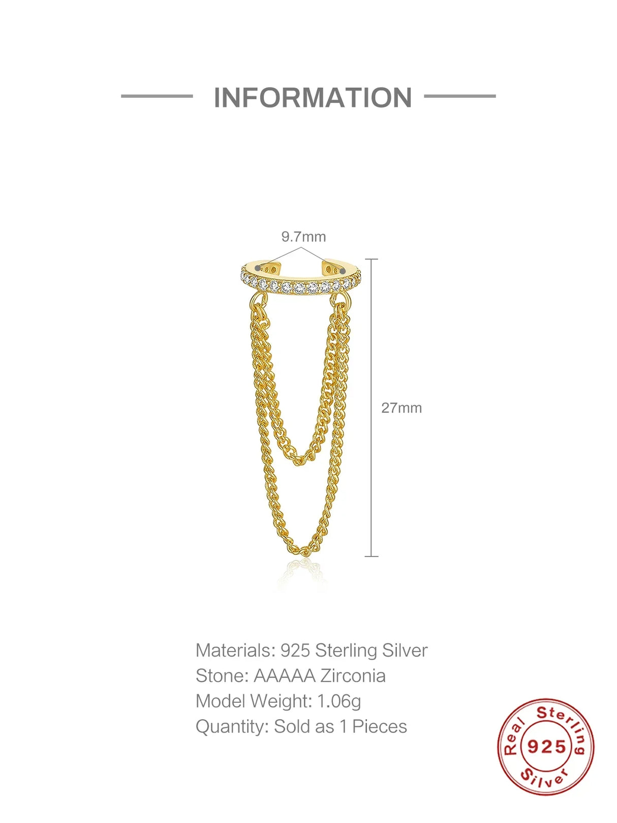 ROXI 1PC Ins Double-Layer Chain Tassel Clip Earrings