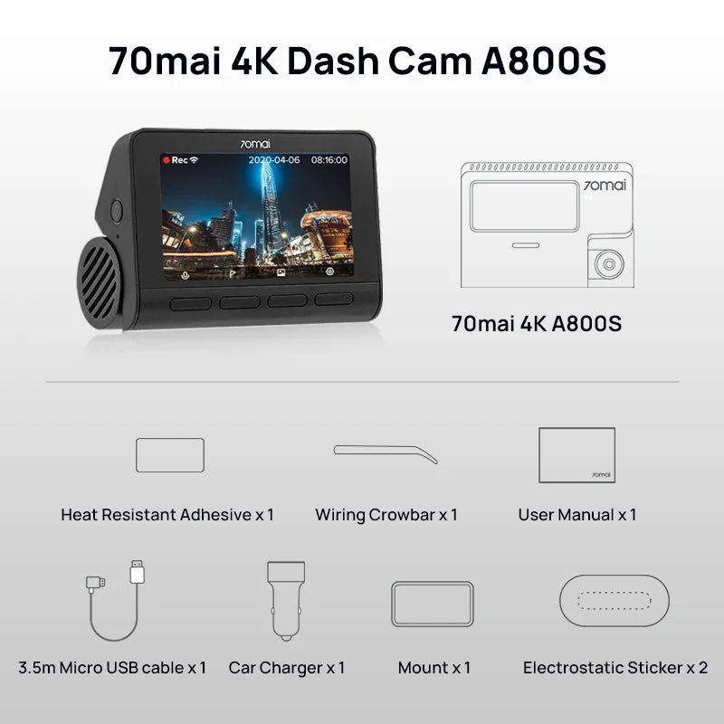 70mai A800S 4K Car DVR with 24H Parking Monitor