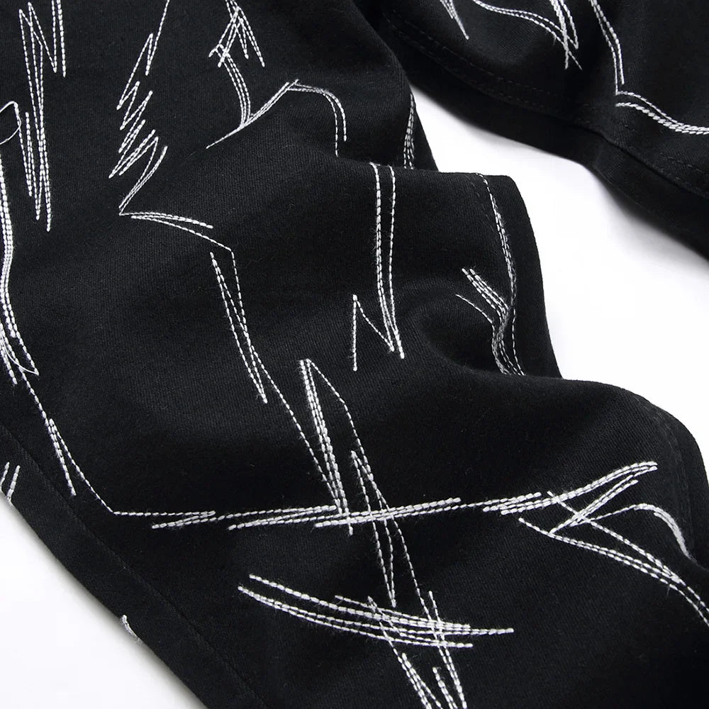 Men Embroidery Black Denim Jeans Streetwear Punk Slim