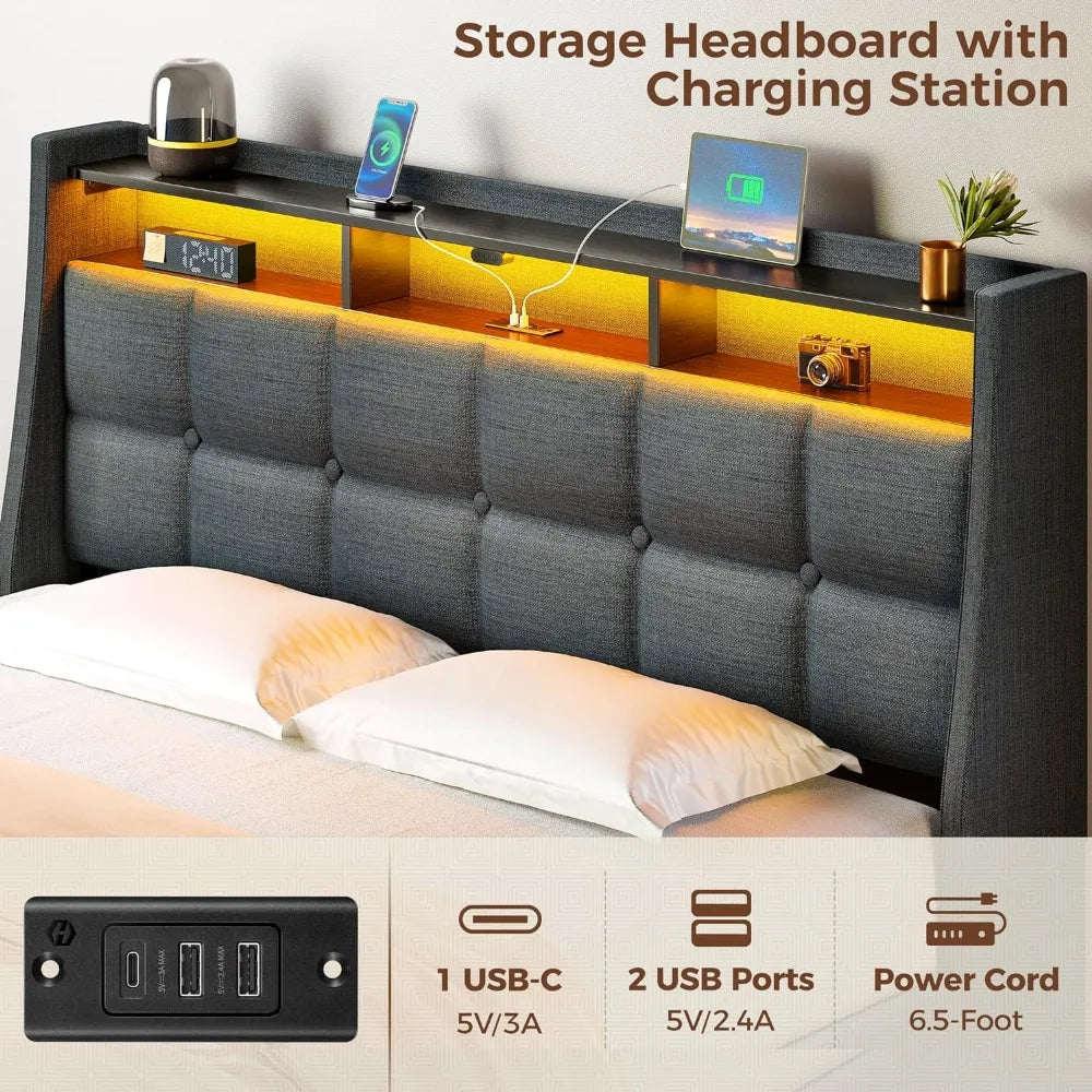 Full Size Bed Frame with LED Lights and