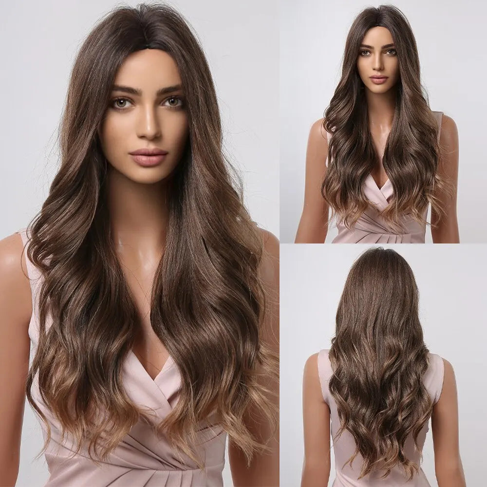 HAIRCUBE Long Brown Curly Wavy Wig for Women
