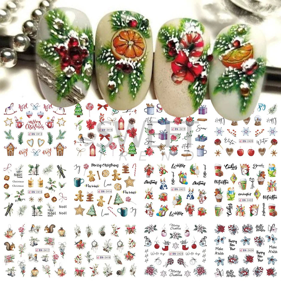 12pcs Hedgehog Animal Nail Water Stickers Pine Cones