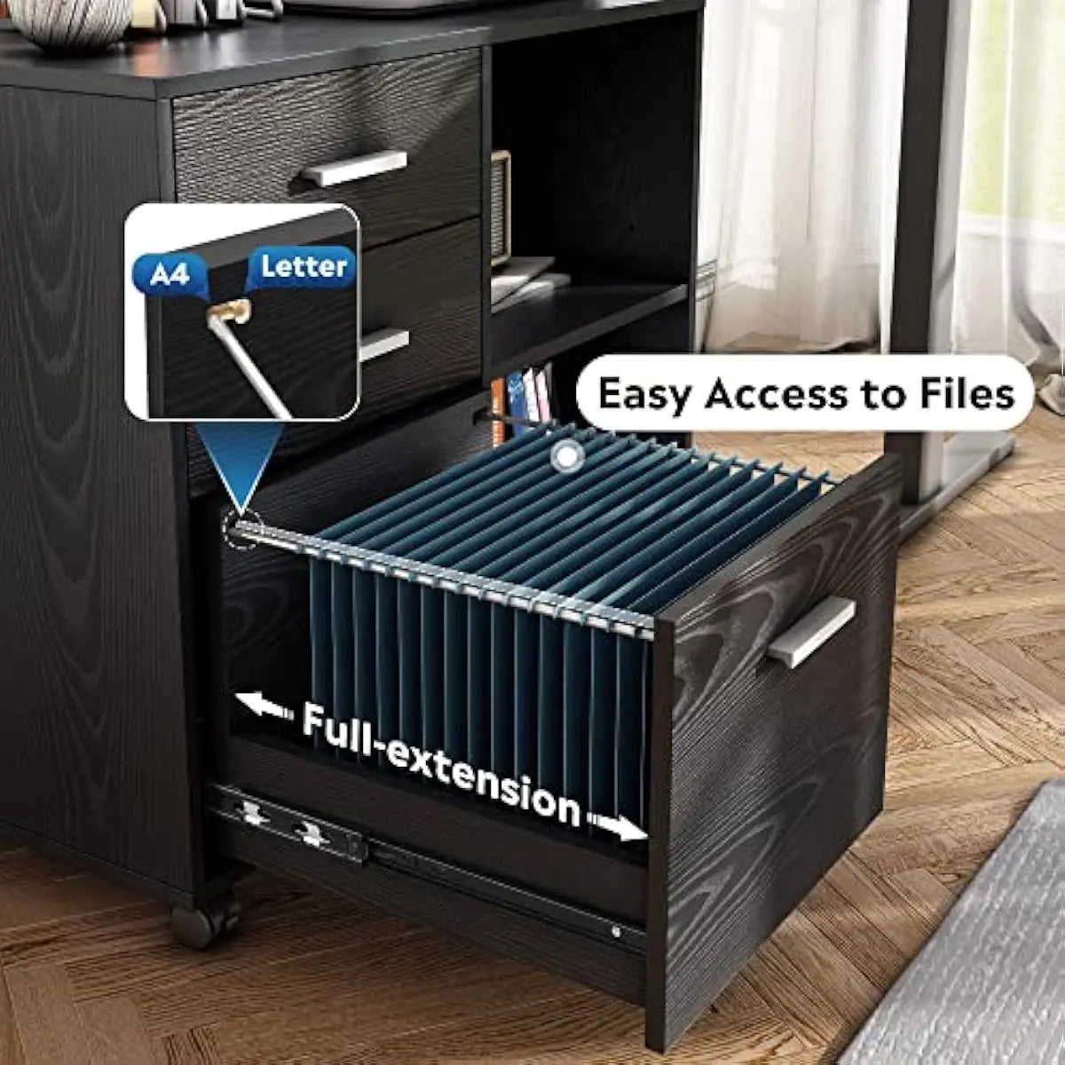 3-Drawer Wood File Cabinet, Mobile Lateral Filing Cabinet,