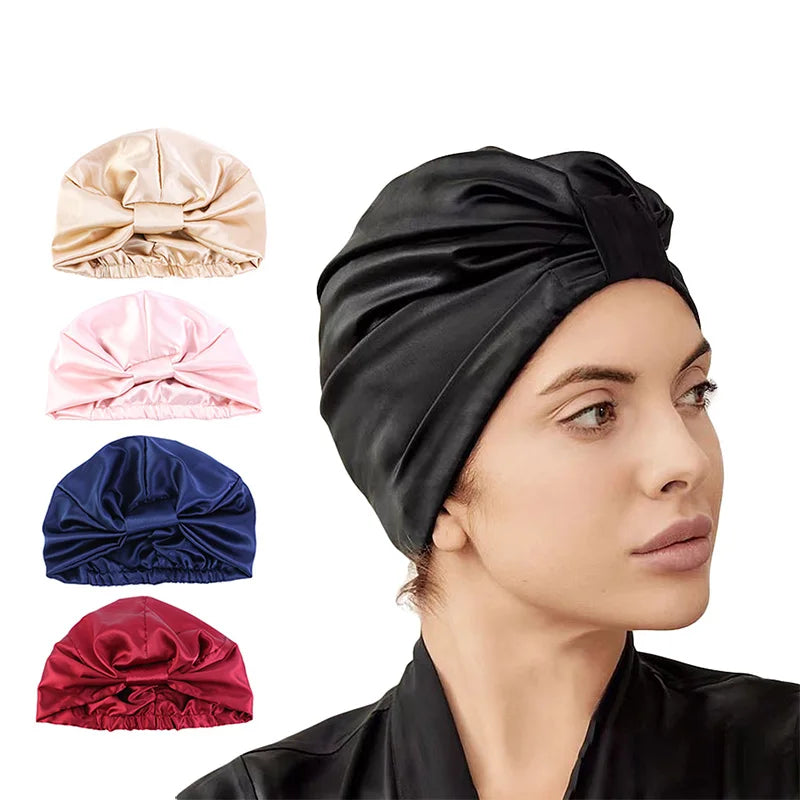 Women Stretch Silk Imitation Nightcap Fashion Color Contrast
