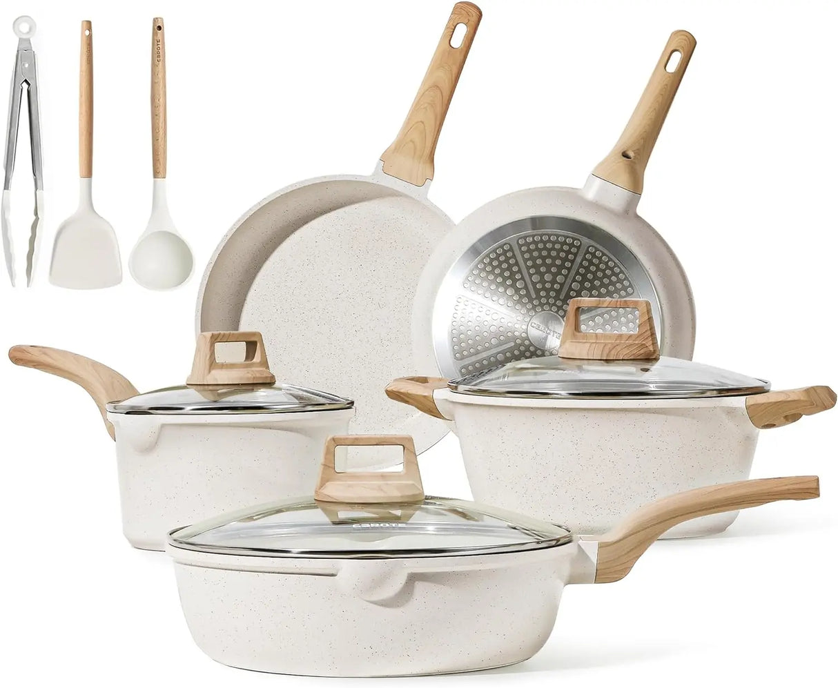 CAROTE Pots and Pans Set Nonstick, White Granite
