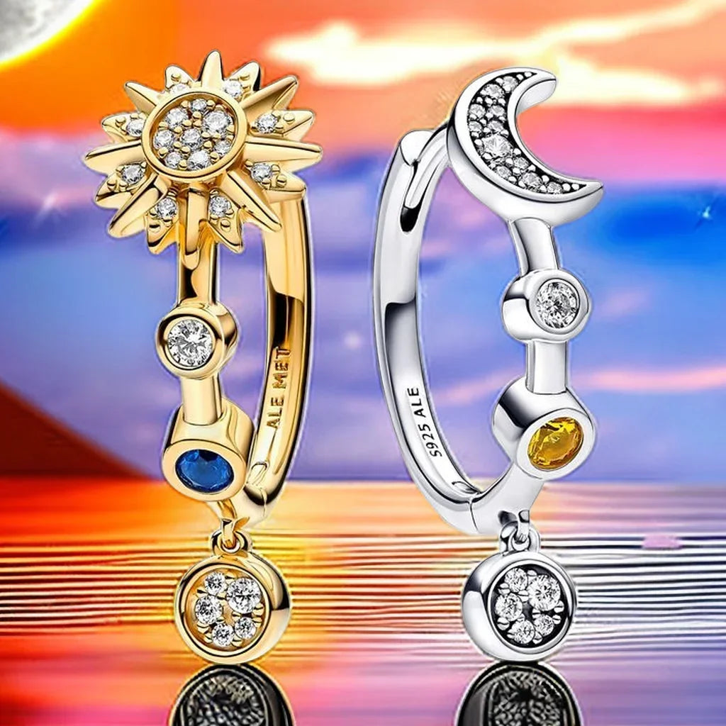 Earring 925 Sterling Silver Sparkling Moon Sun Heart
