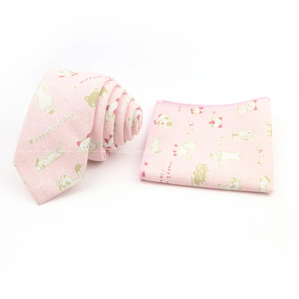 Men Linen Plant Ainmal Ties Set Pocket Handkerchief