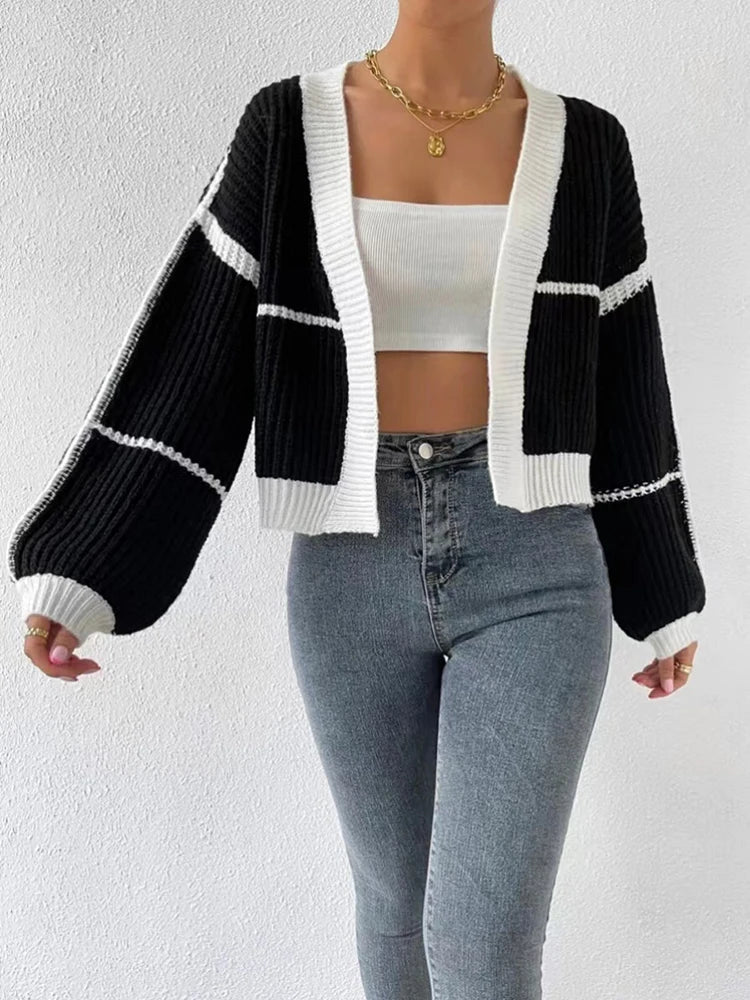 Autumn Winter Color Contrast V-neck Lady Knitting Cardigan