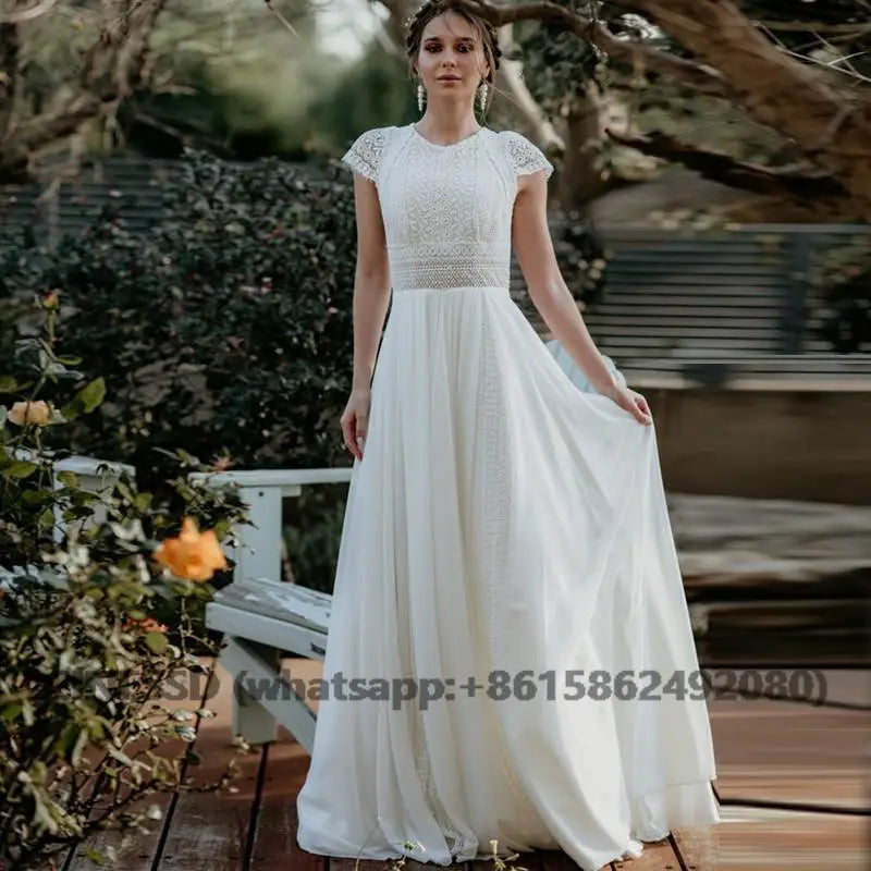 Vintage Bohemian Wedding Dress Lace Cap Sleeves Boho