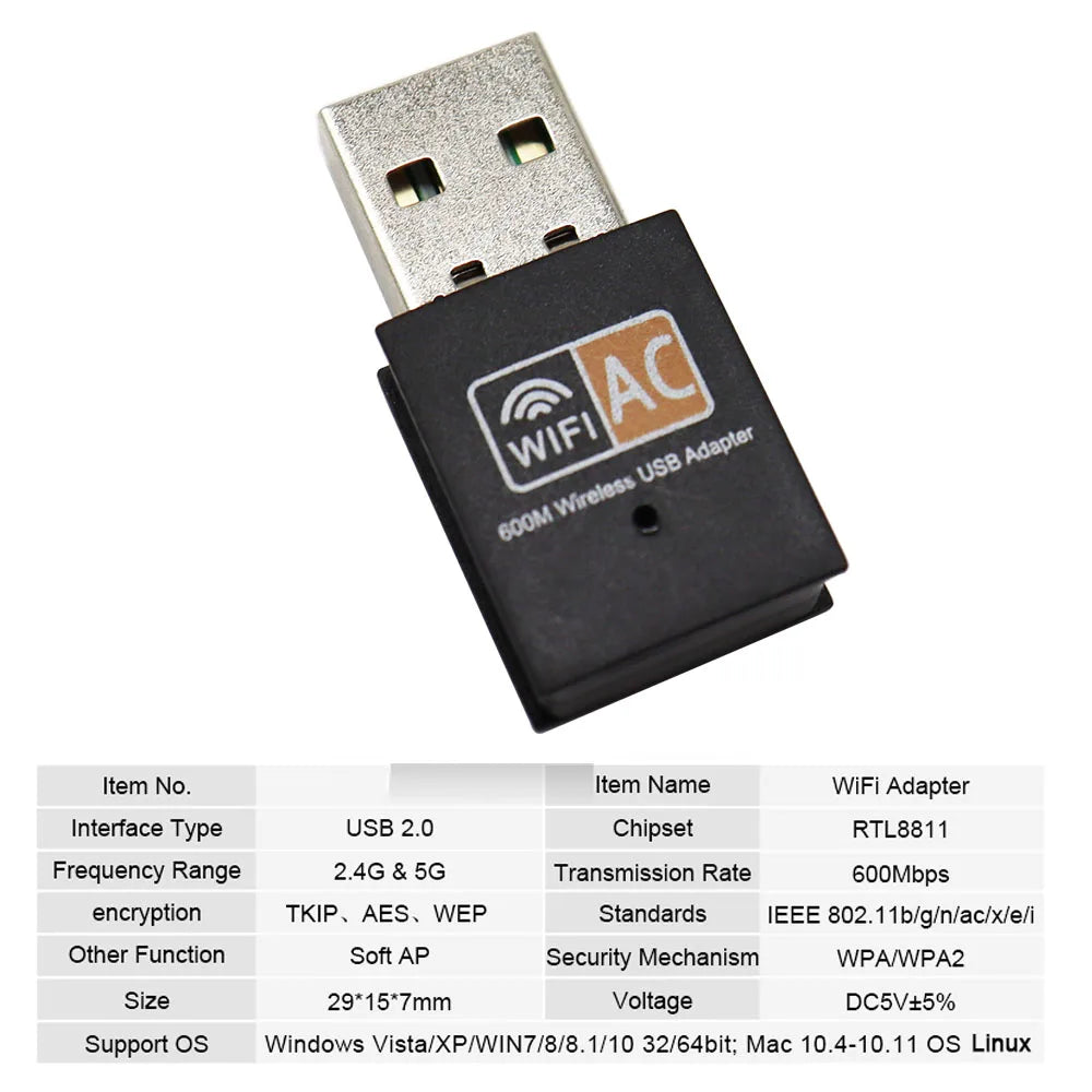 USB WiFi Adapter 600Mbps 2.4GHz 5GHz WiFi Antenna