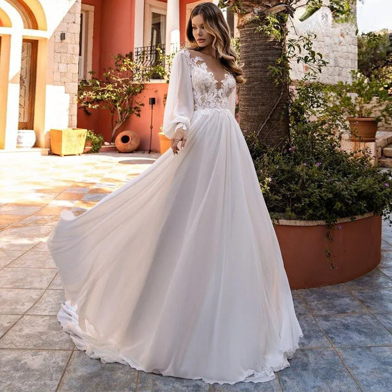 Sevintage Chiffon Long Puff Sleeves Wedding Dress Boho