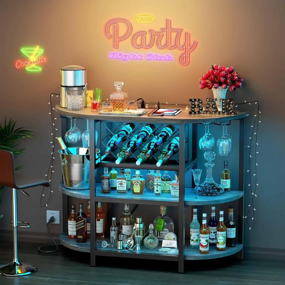 Bar Table Cabinet with Power Outlet, LED Home