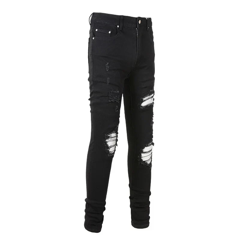 Men Cracked Silver Leather Patch Biker Jeans Streetwear