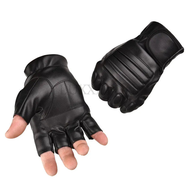 Men Half Finger Black Washable PU Leather Tactical