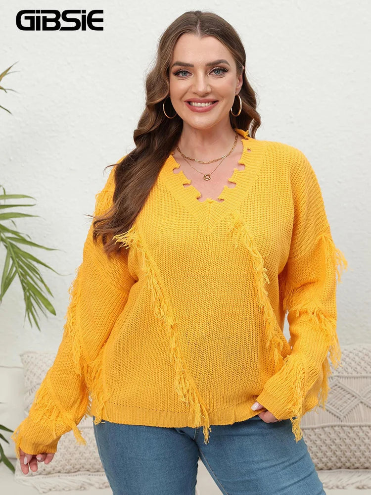 GIBSIE Plus Size V Neck Long Sleeve Pullover