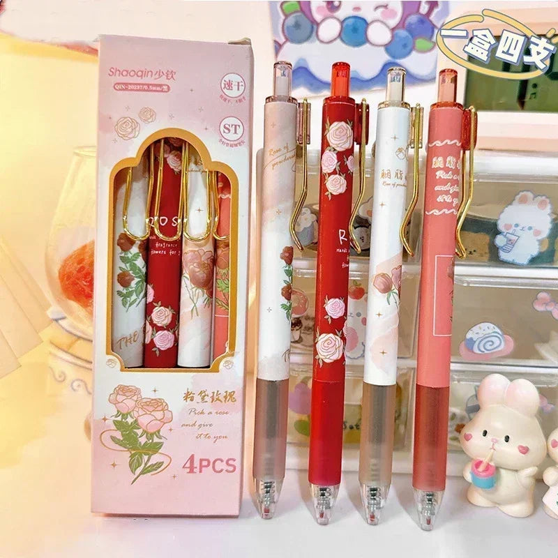 4pcs/box European Roses Gel Pens Smooth Writing Black