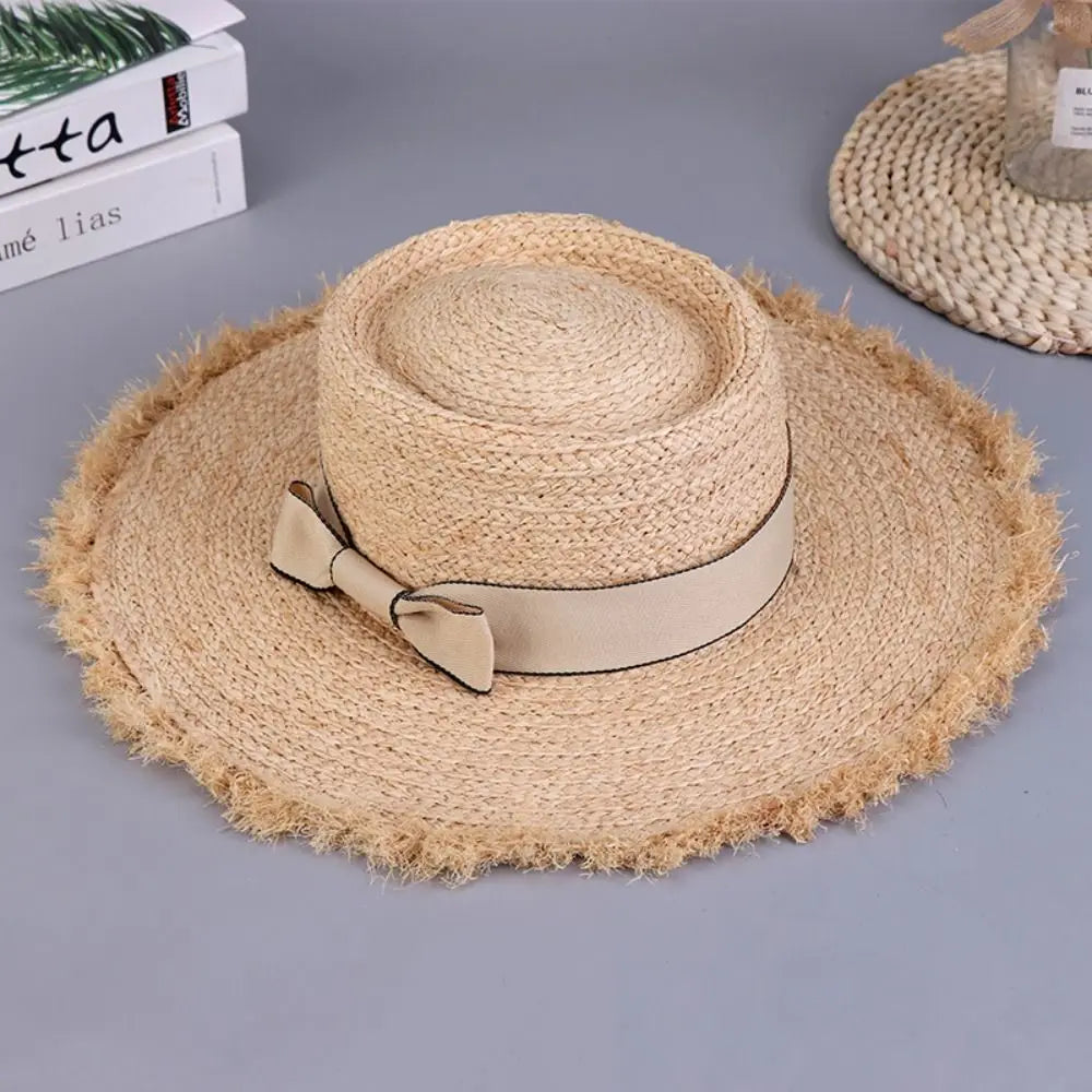Wide Brim Sun Hats Fashion Flat Top Bowknot