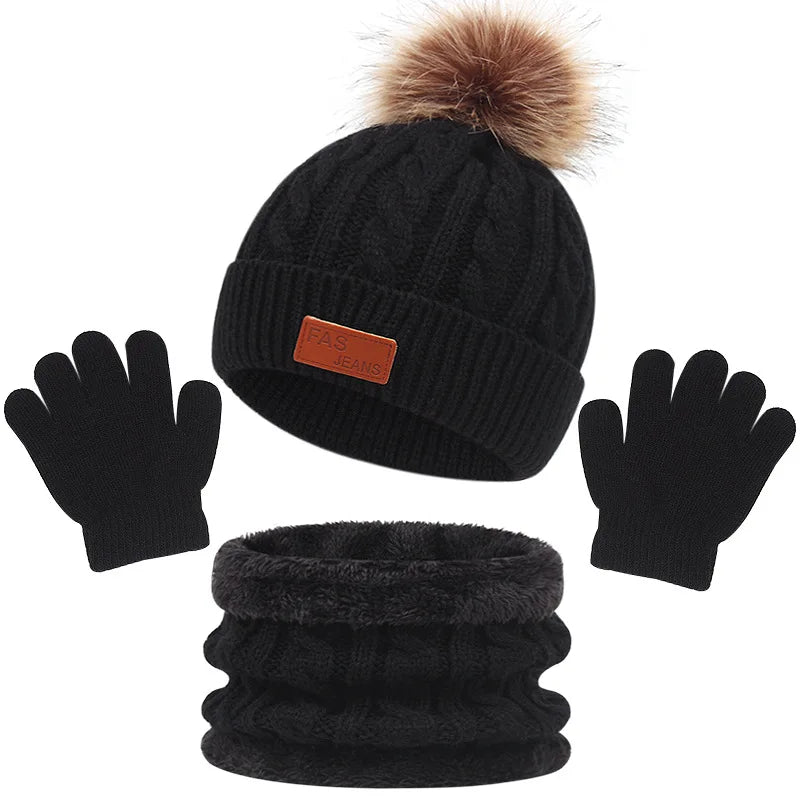 Baby Winter Hat Scarf Gloves Set Knitted Fur