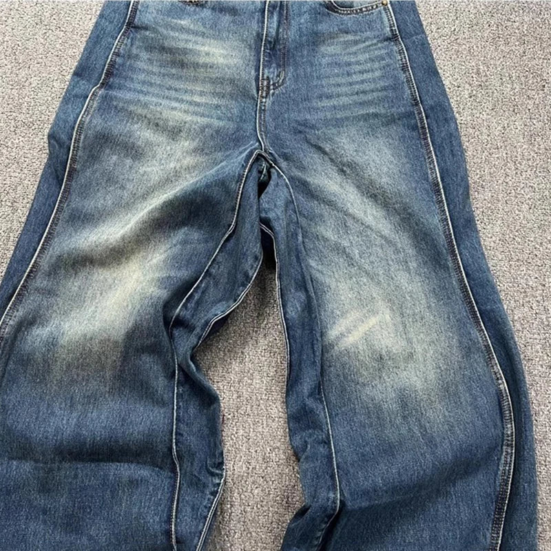 REDDACHIC Wave Patchwork Baggy Jeans Men Brushed Blue