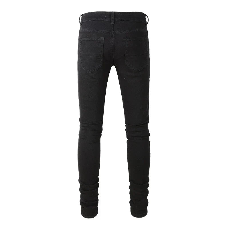 Men Cracked Silver Leather Patch Biker Jeans Streetwear