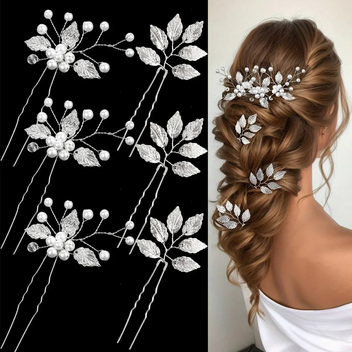 Pearl Flower Hairpin Side Comb Golden Leaf Shaped