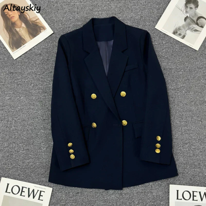 Blazers Women Double Breasted England Style Minimalist Loose
