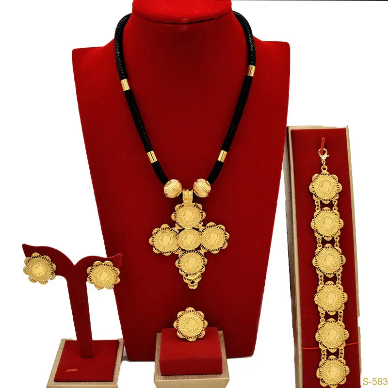 African 24K Gold Color Coins Necklace Bracelet Sets