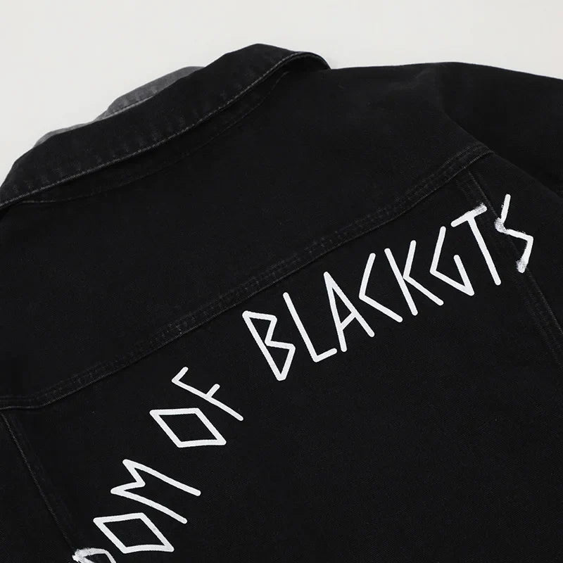 American High Street Washed Gray-black Stitching Pierced Denim