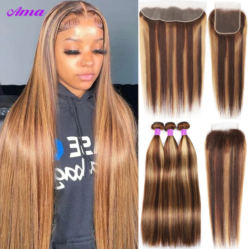Highlight Bundles With Frontal 13x4 4x4 Inch Straight