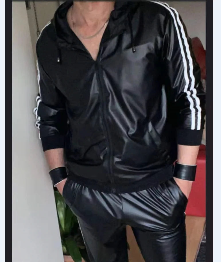 Men's PU Leather Hoodie Suit Casual Sportswear Hooded