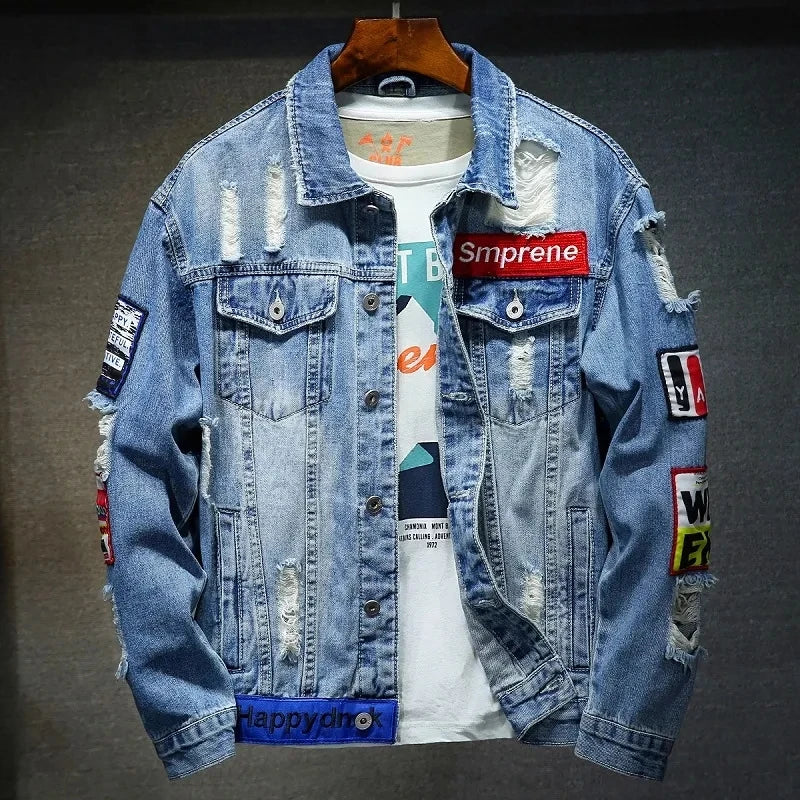 Men Brand Denim Jacket Streetwear Punk Motorcycle Ripped