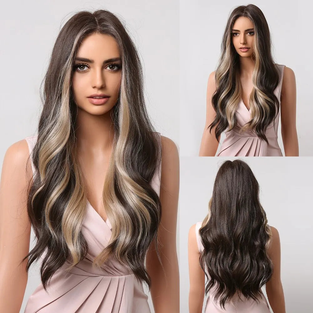 HAIRCUBE Long Brown Curly Wavy Wig for Women