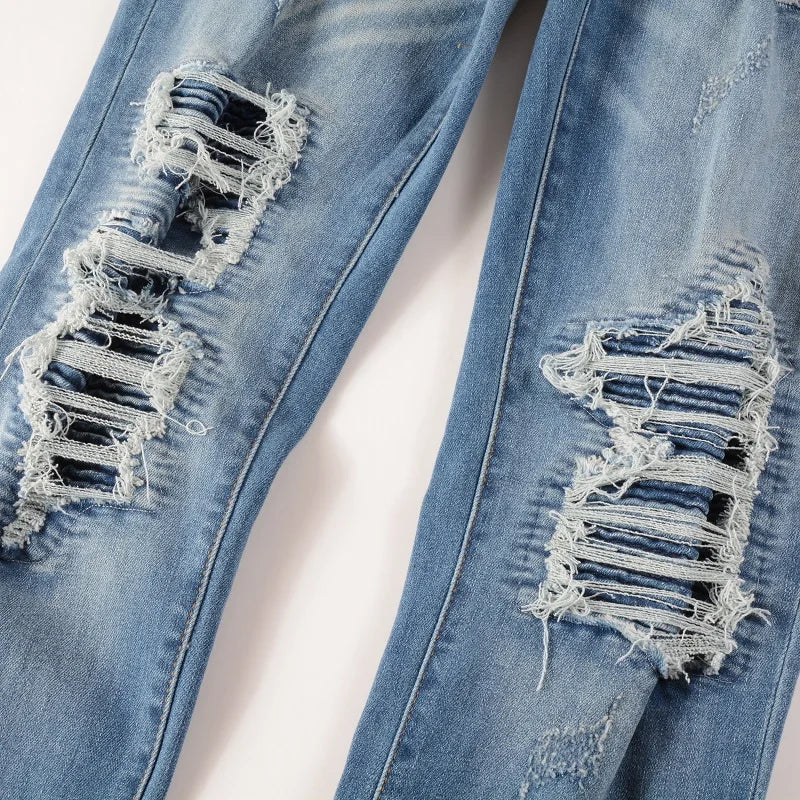 Men Stretch Denim Biker Jeans Classic Blue Pleated