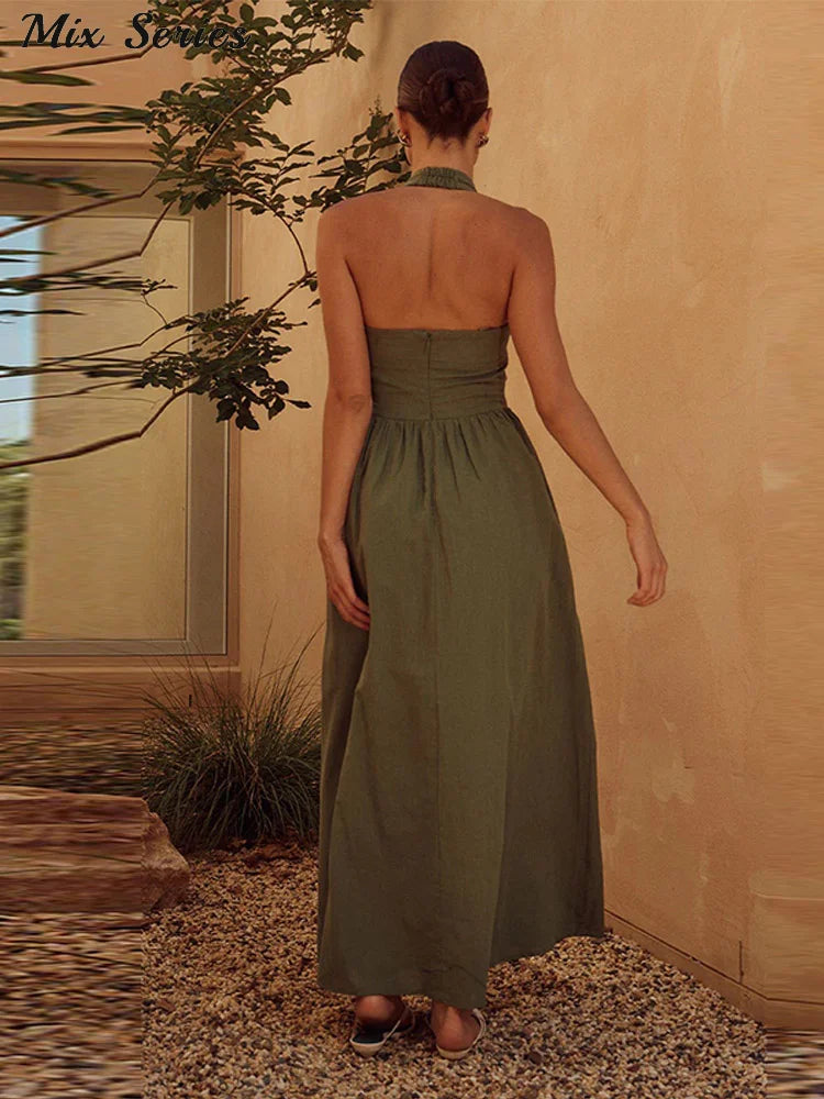 Pleated Halter Spaghetti Strap Dress Women Solid Backless