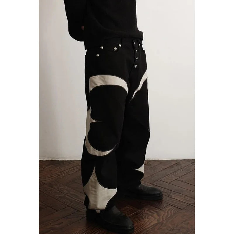 New Y2k Men Black Baggy Jeans Spliced Leather