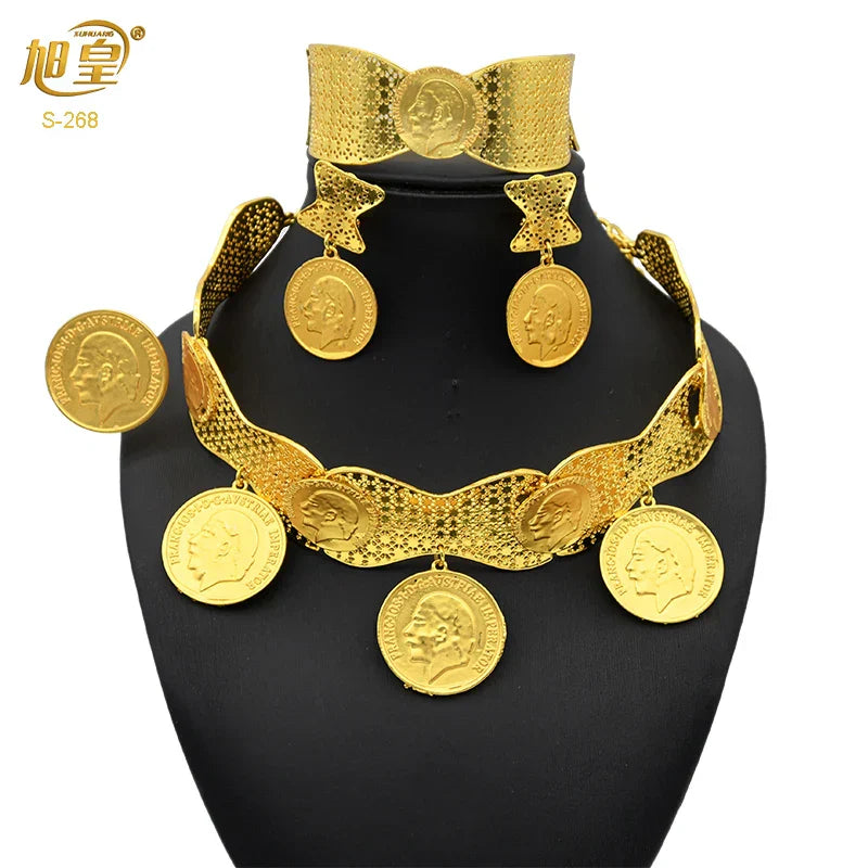 African 24K Gold Color Coins Necklace Bracelet Sets