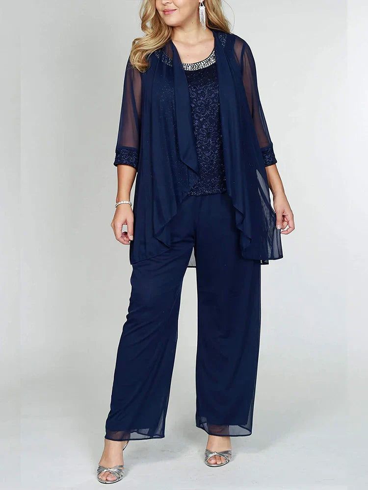Plus Size Floral Lace 34 Sleeve Solid Three