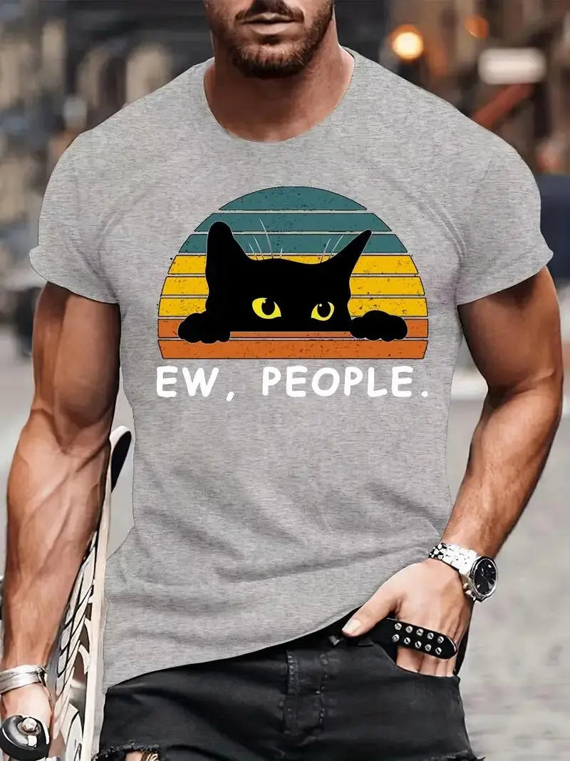 Men's Casual Fashion Black Cat Print Cotton T-shirt,