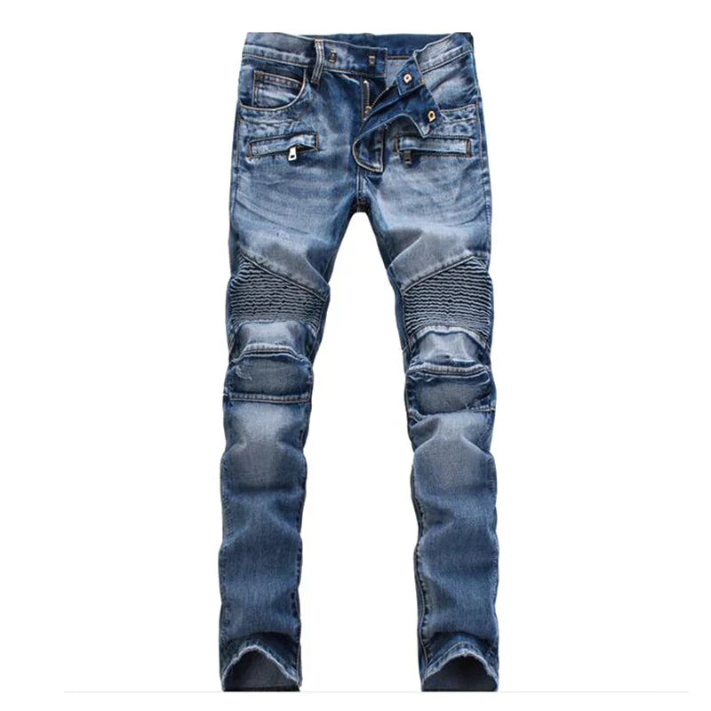 European And American Fold Zipper Motorcycle Snowflake Jeans