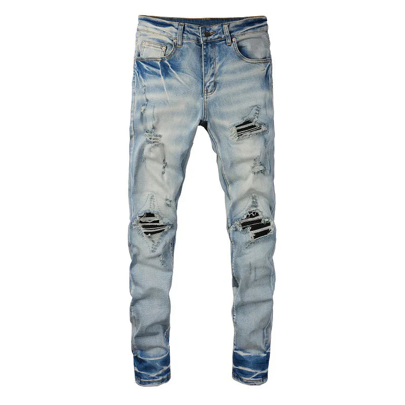 Men Cracked Leather Pleated Patch Biker Jeans Streetwear