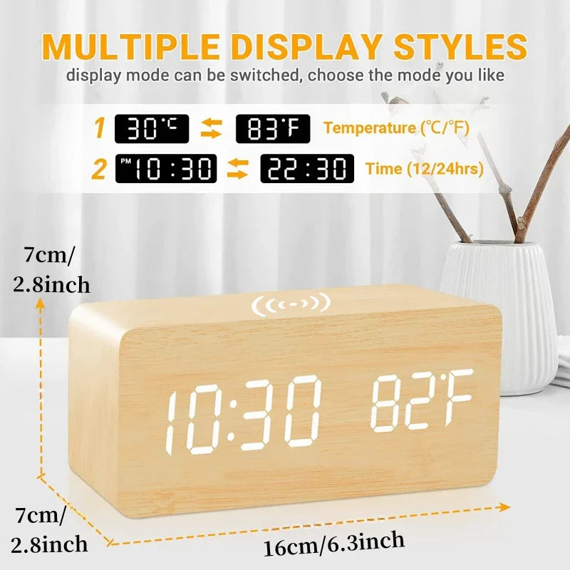Voice Control Wooden Digital Alarm Clock Wireless Charging