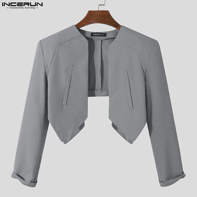INCERUN Men Blazer Solid Color Open Stitch Long