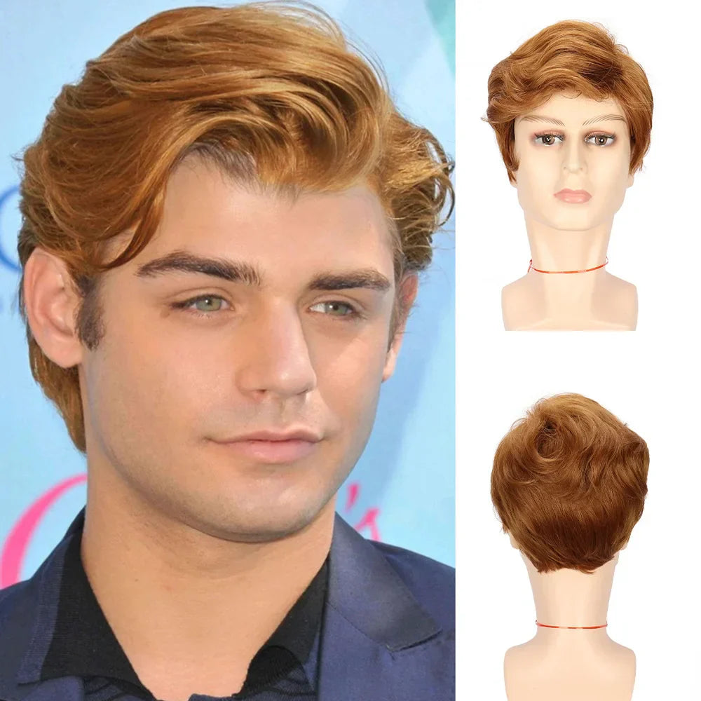 Synthetic Men's Wig Curly Short Golden Yellow Hair